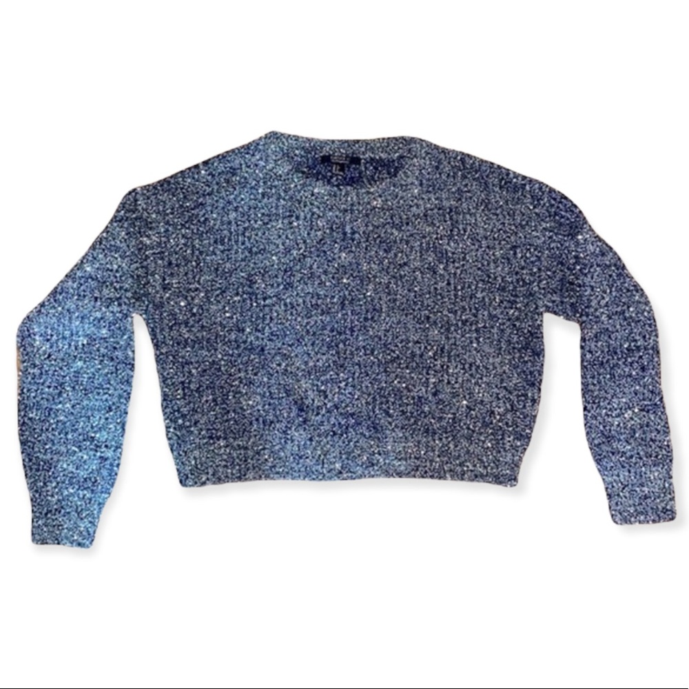 Forever 21 Cropped Sweater Knit Fuzzy Tinsel Sparkly Confetti Navy & Silver Sz L